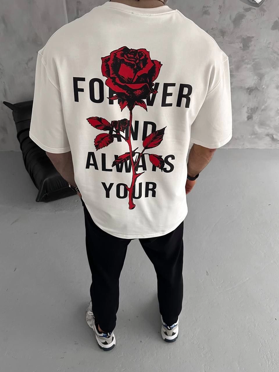 ASSEMA ERKEK Bisiklet Yaka Baskılı Oversize Kısa kol T-Shirt - Beyaz