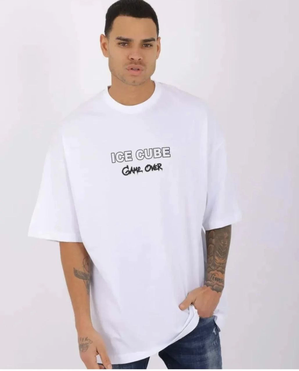ASSEMA Erkek Bisiklet Yaka Baskılı Oversize Kısa kol T-Shirt - Beyaz