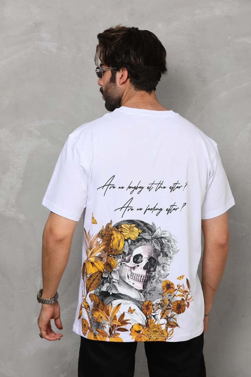 ASSEMA Erkek Bisiklet Yaka Baskılı Oversize T-Shirt - Beyaz
