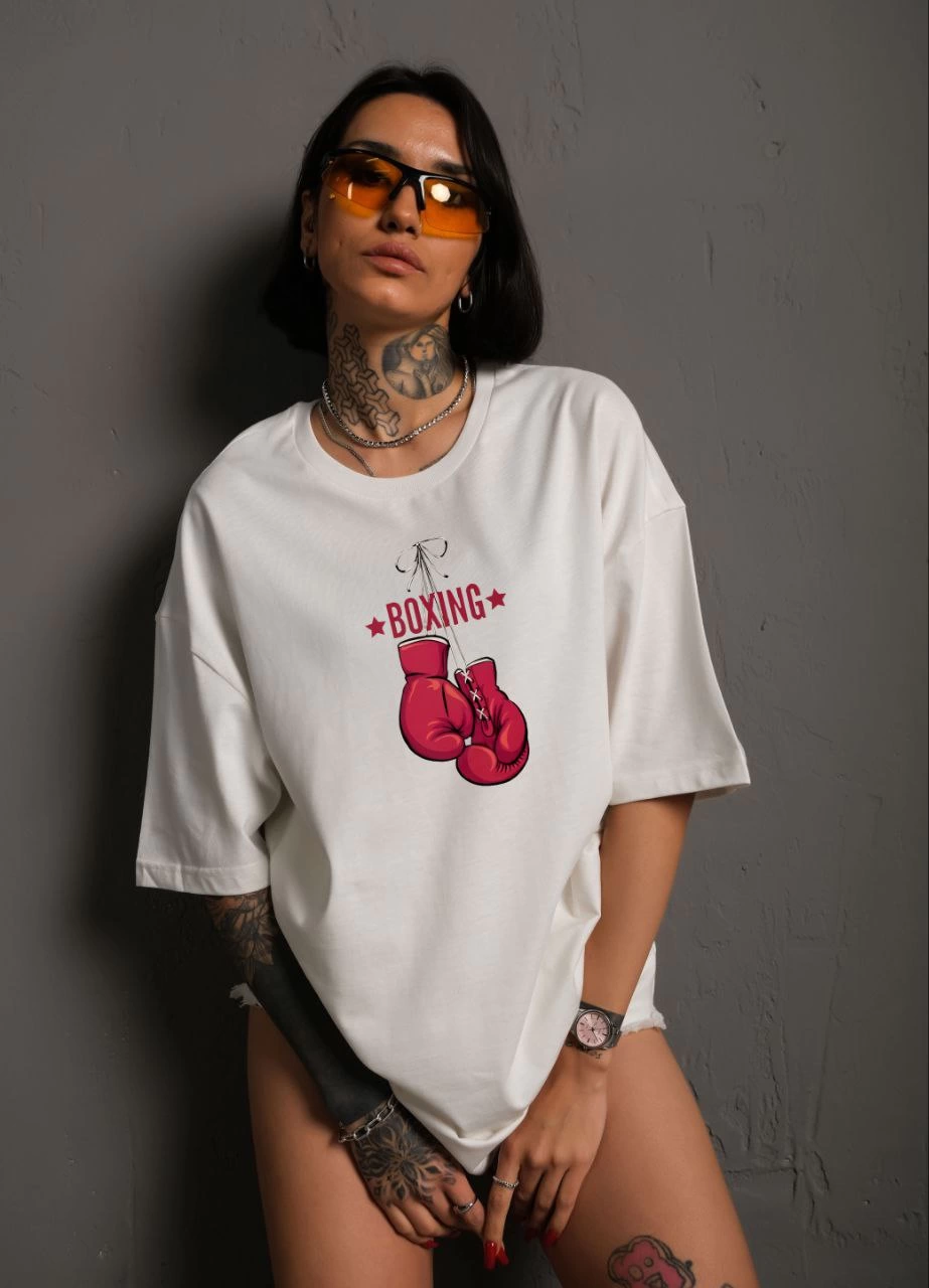 ASSEMA kadın Bisiklet Yaka Boks Eldiven Baskılı Oversize T-Shirt - Beyaz