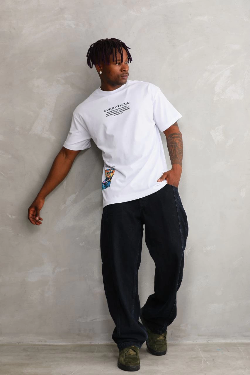 ASSEMA Erkek Bisiklet Yaka Baskılı Oversize T-Shirt - Beyaz