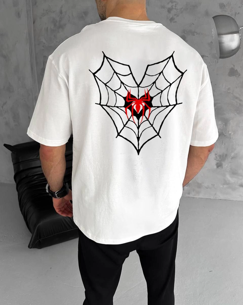ASSEMA ERKEK Bisiklet Yaka Örümcek Baskılı Oversize T-Shirt - Beyaz