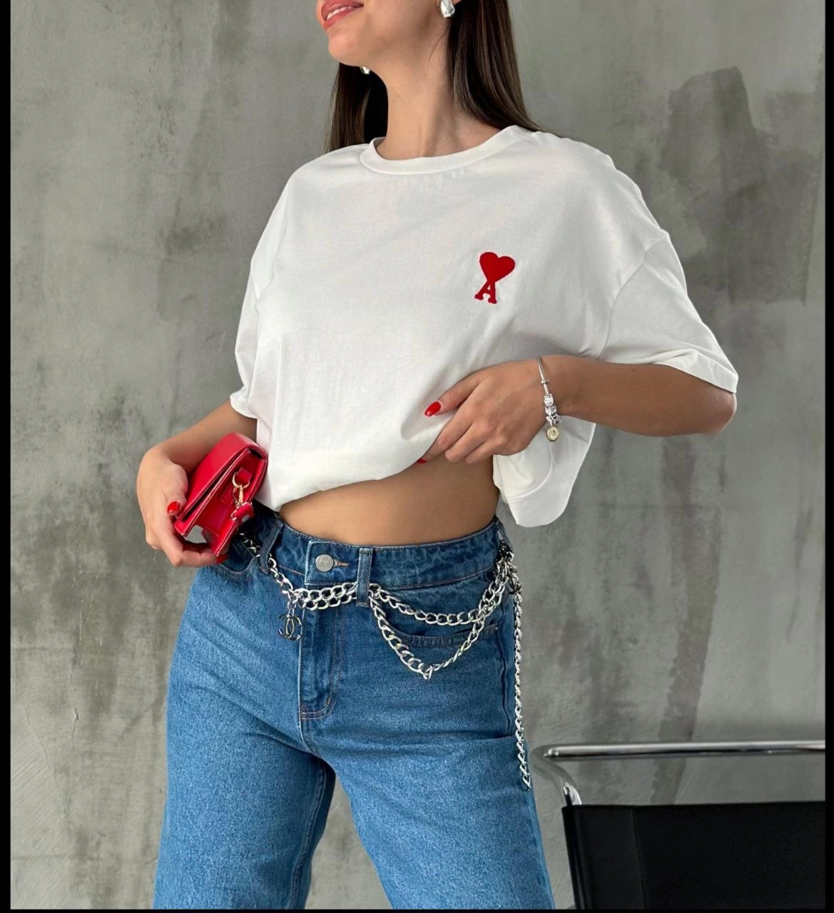 ASSEMA kadın Bisiklet Yaka Baskılı Oversize Kısa Kol T-Shirt - Beyaz