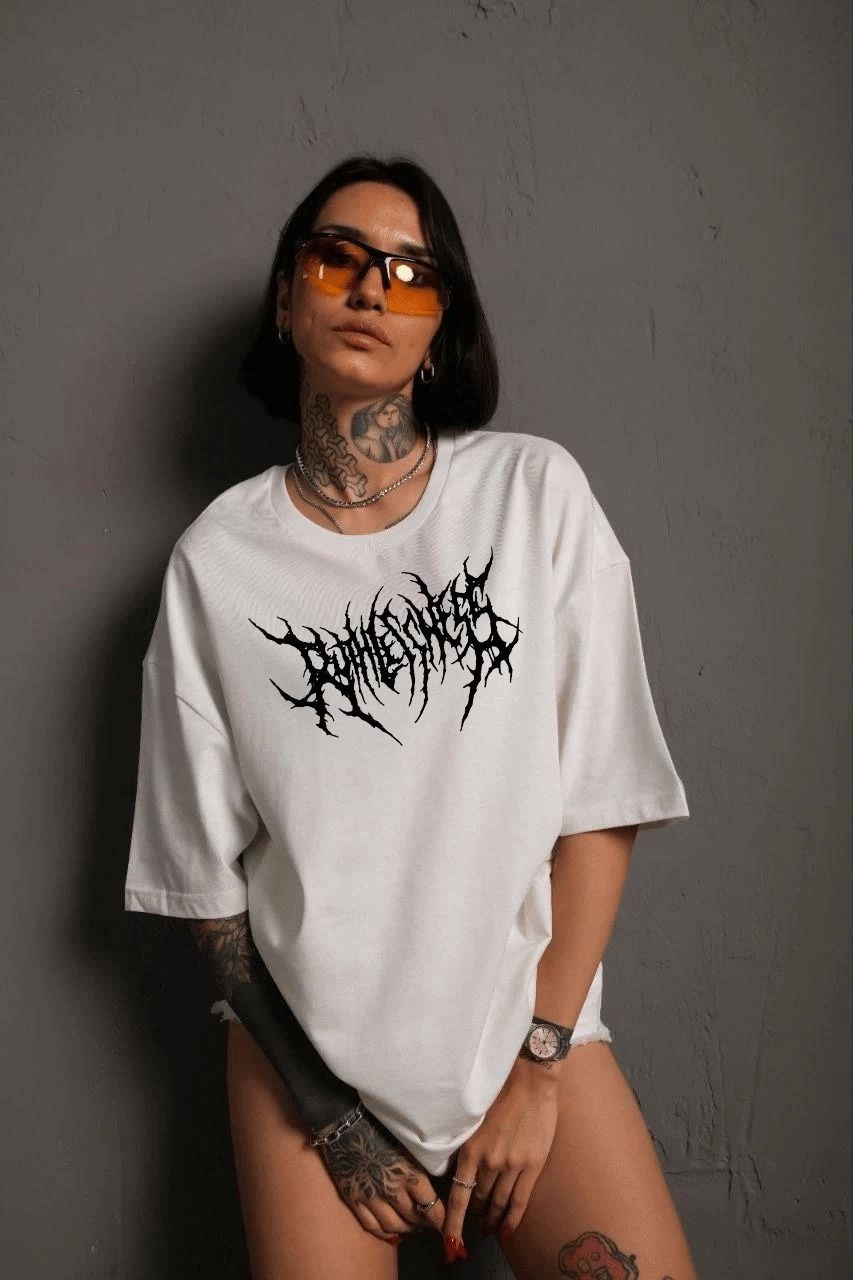 ASSEMA Kadın Baskılı T-Shirt Kısa Kol Bisiklet Yaka Oversize Rahat Kalıp Günlük Tişört - Beyaz