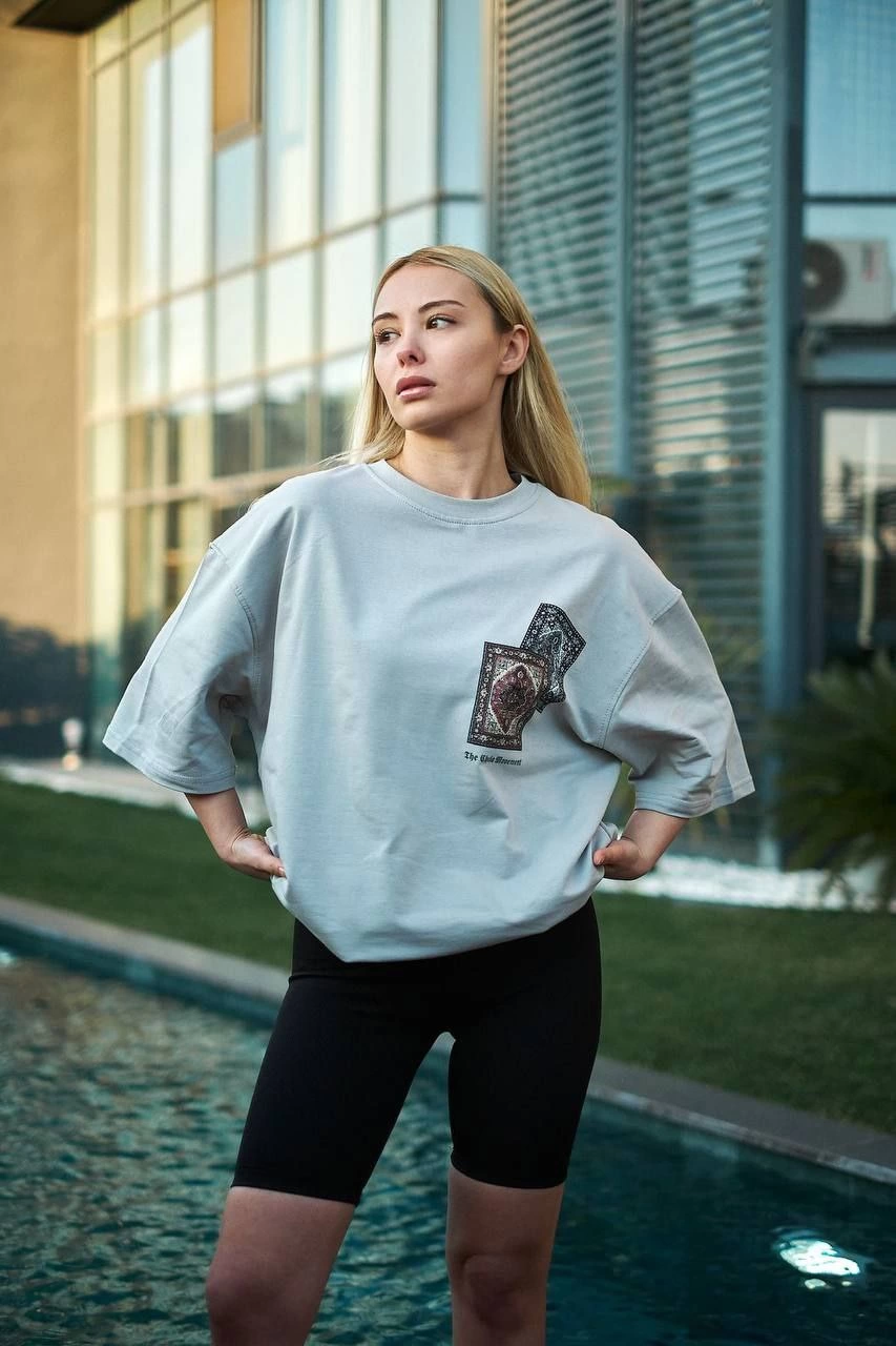 ASSEMA kadın Bisiklet Yaka Baskılı Kısa kol Oversize T-Shirt - Boyalı Gri