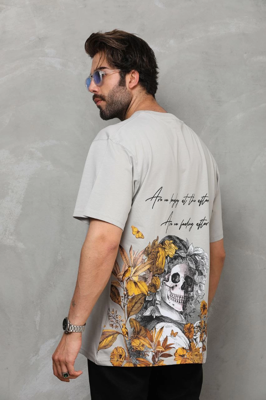 ASSEMA Erkek Bisiklet Yaka Baskılı Oversize T-Shirt - Gri