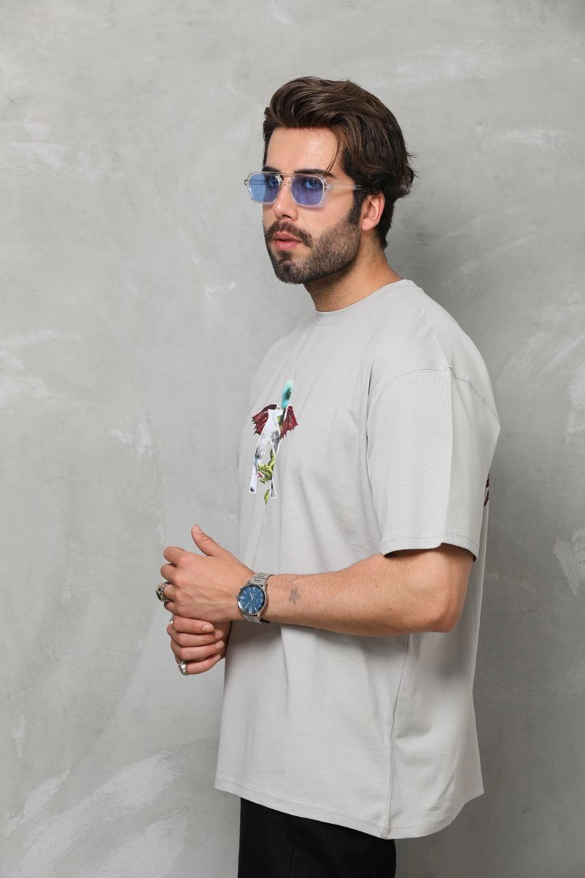 ASSEMA Erkek Baskılı T-Shirt Kısa Kol Bisiklet Yaka Regular Fit Rahat Kalıp Tişört - Gri