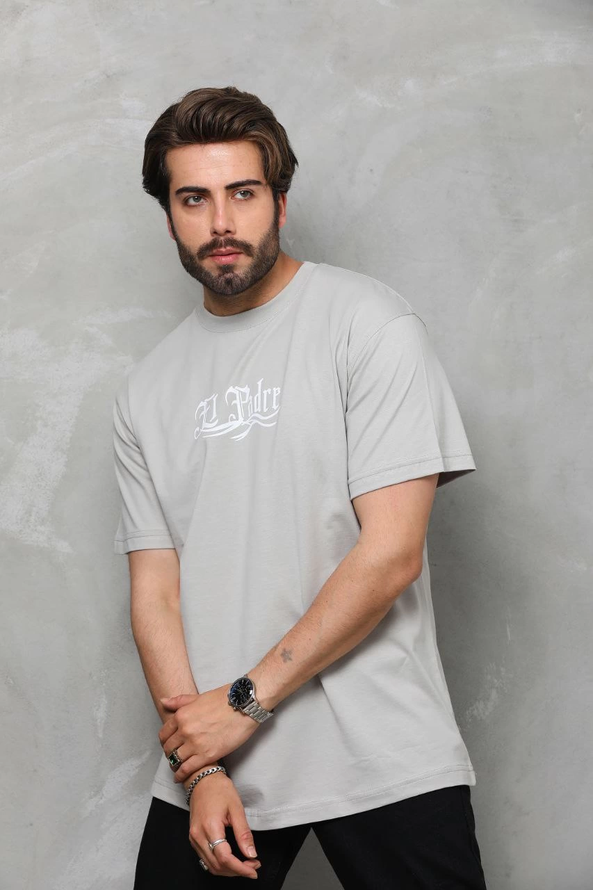 ASSEMA Erkek Bisiklet Yaka Baskılı Oversize T-Shirt - Gri