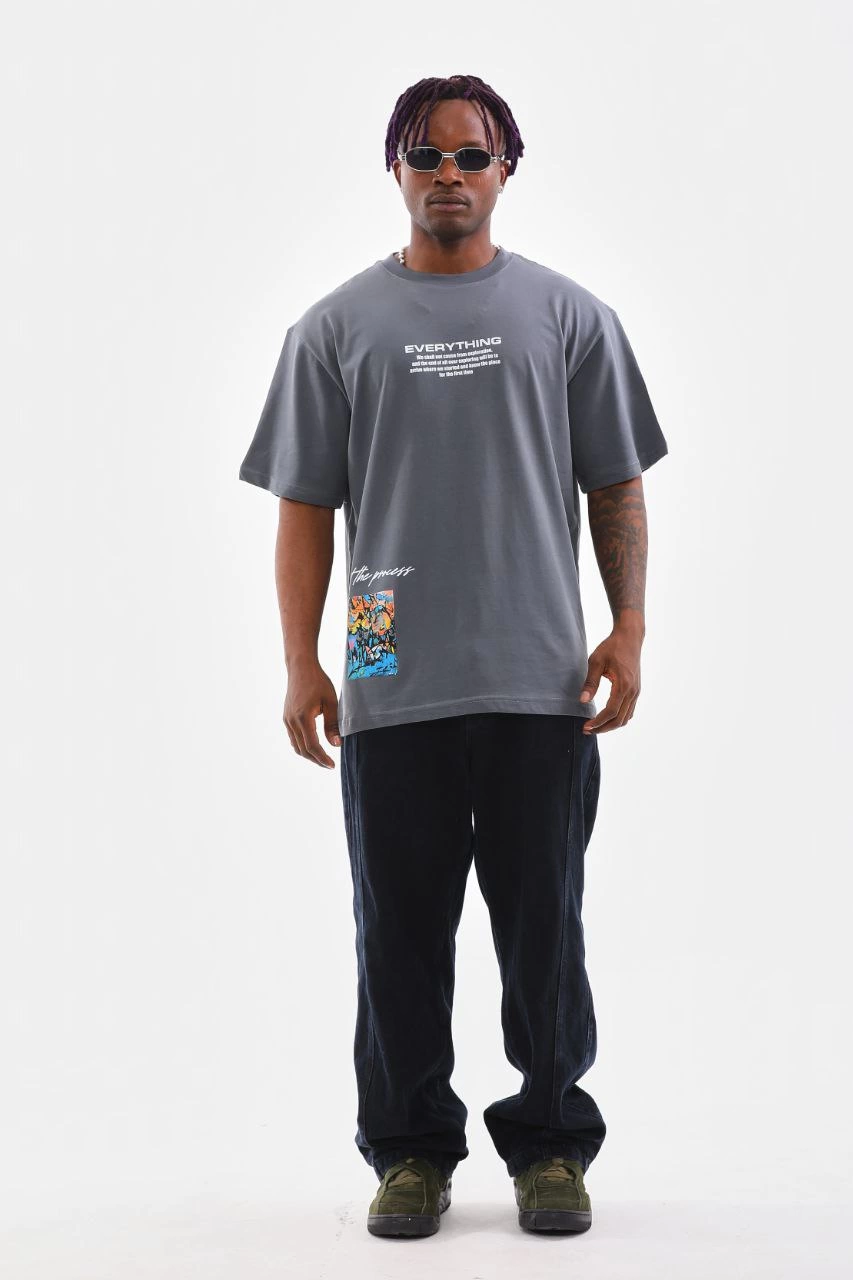 ASSEMA Erkek Bisiklet Yaka Baskılı Oversize T-Shirt - Gri