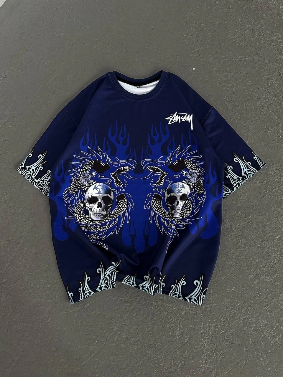 ASSEMA Unisex Bisiklet Yaka Baskılı Oversize T-Shirt - Lacivert