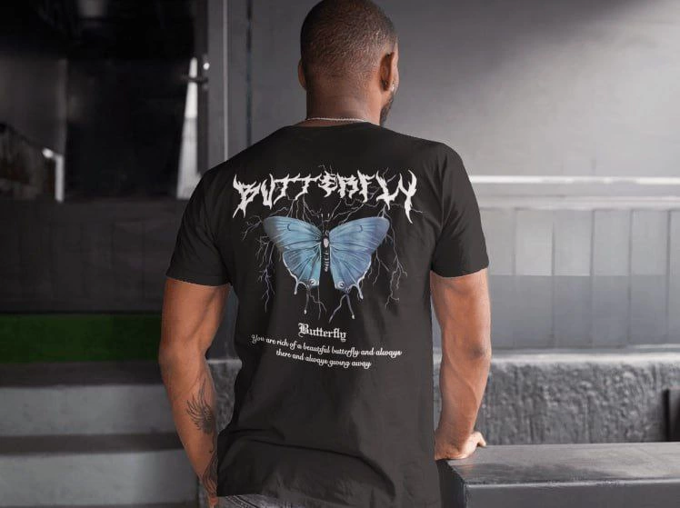 ASSEMA Erkek Bisiklet Yaka Kelebek Baskılı Kısa kol T-Shirt - Siyah