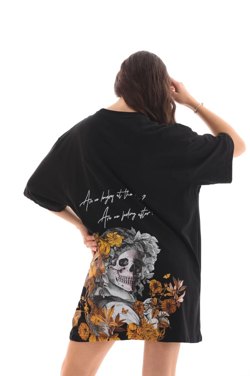ASSEMA kadın Bisiklet Yaka Baskılı Oversize T-Shirt - Siyah
