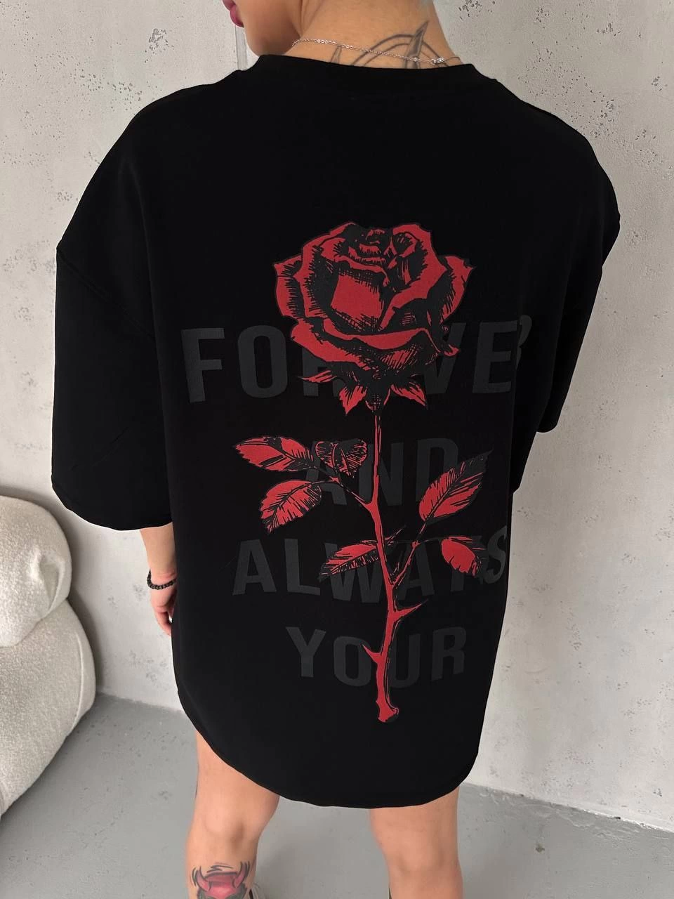 ASSEMA kadın Bisiklet Yaka Baskılı Oversize Kısa kol T-Shirt - Siyah