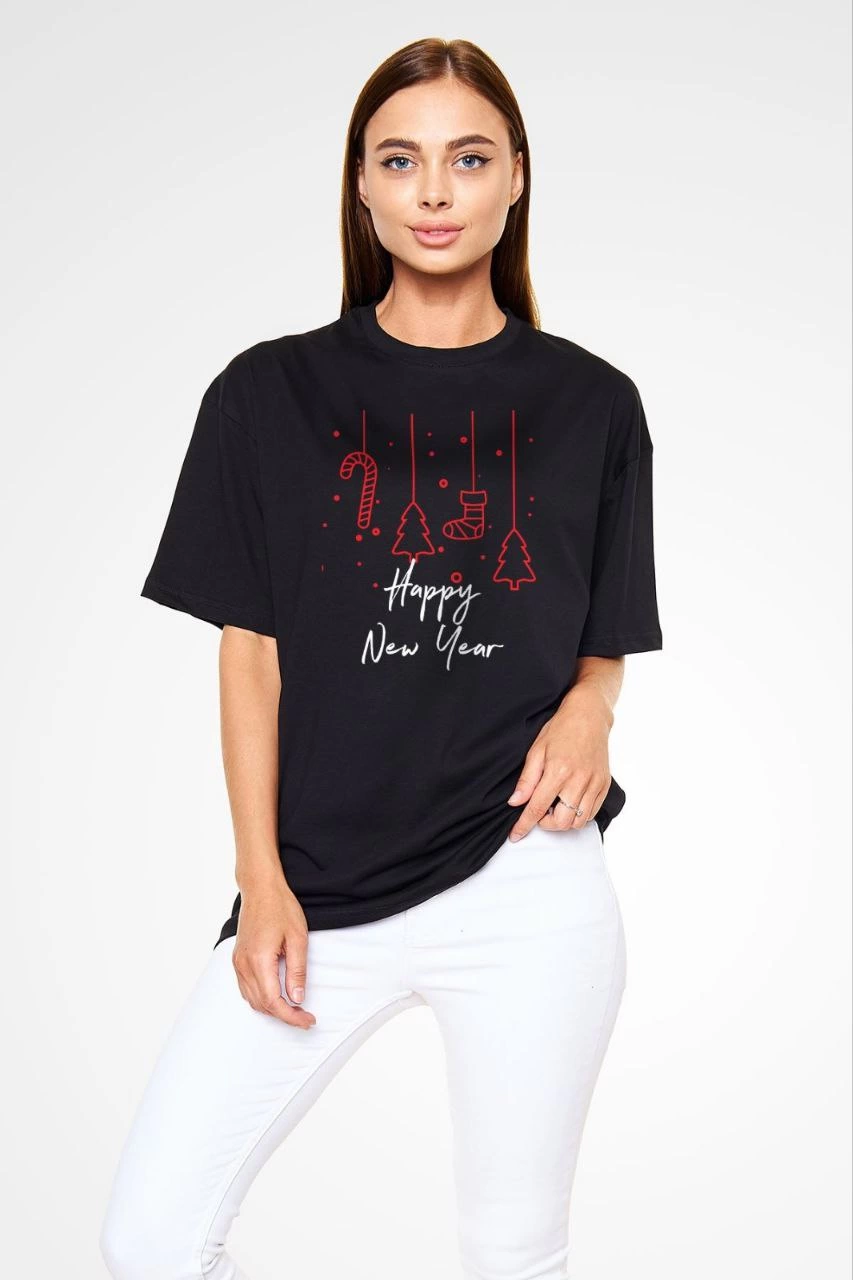 ASSEMA kadın Bisiklet Yaka Kısa kol Baskılı Oversize T-Shirt - Siyah