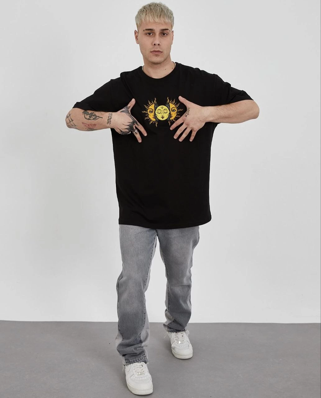 ASSEMA ERKEK Bisiklet Yaka Baskılı Oversize T-Shirt - Siyah