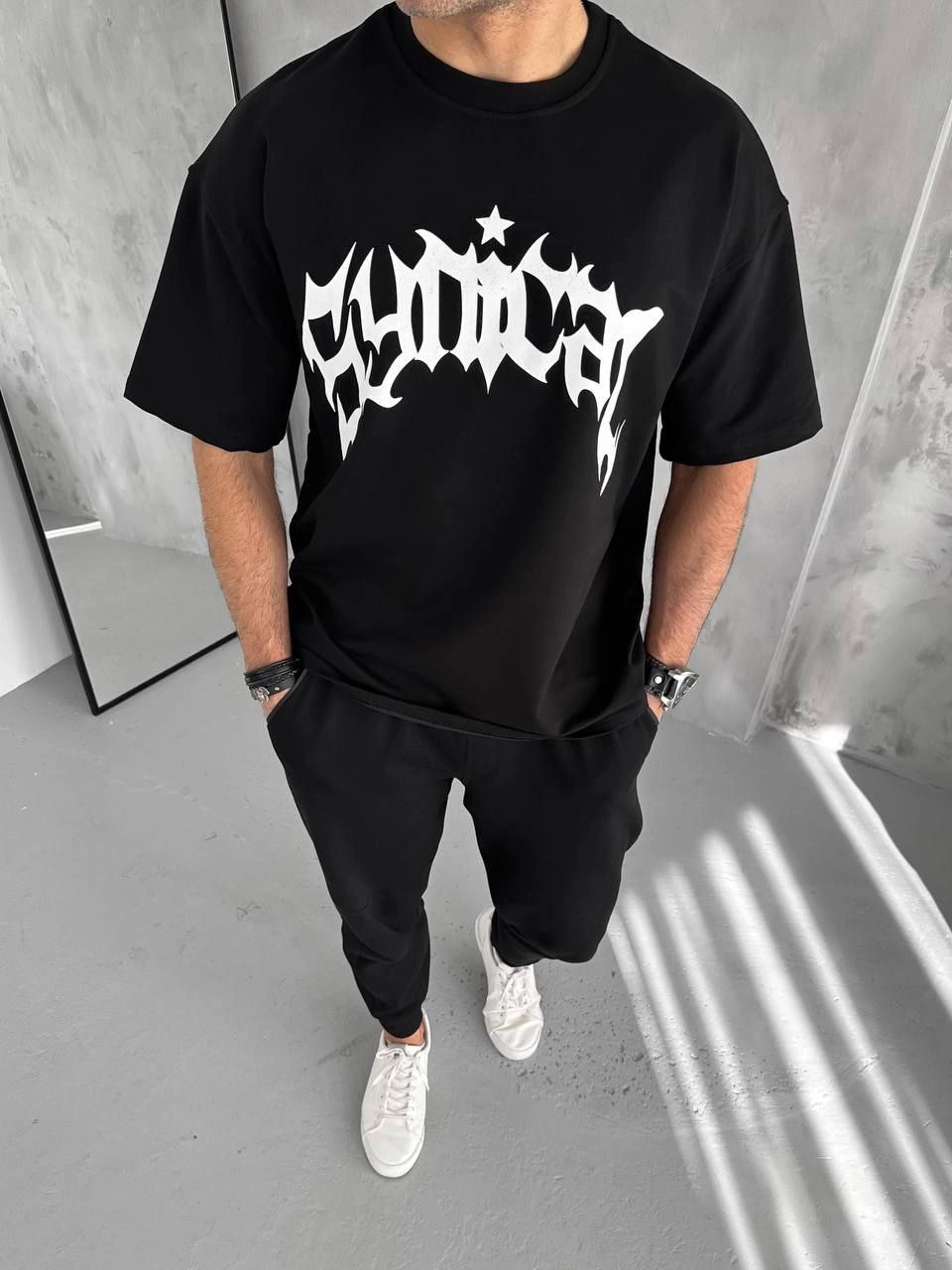 ASSEMA Erkek Bisiklet Yaka Baskılı Oversize Kısa kol T-Shirt - Siyah