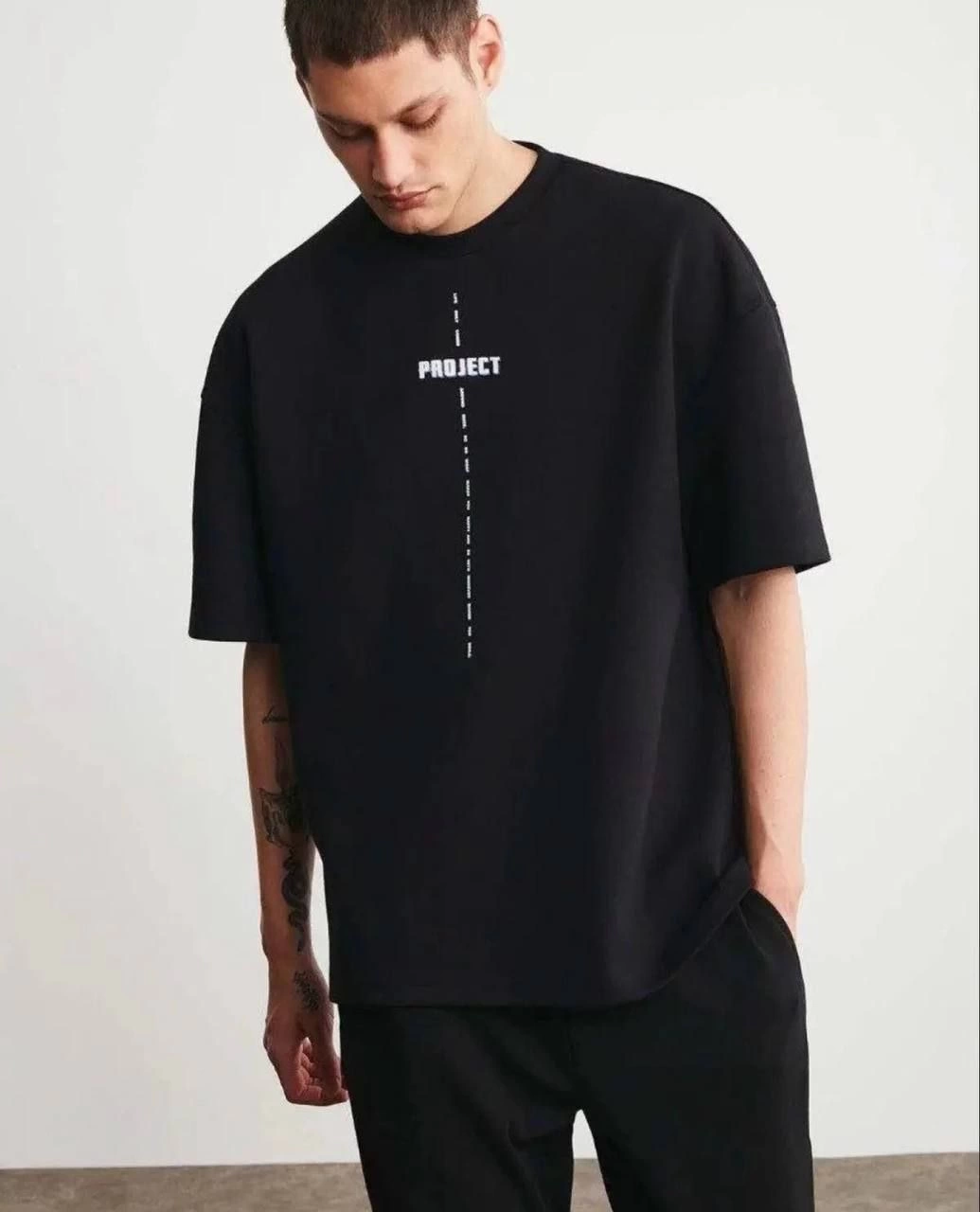 ASSEMA ERKEK Bisiklet Yaka Baskılı Oversize T-Shirt - Siyah