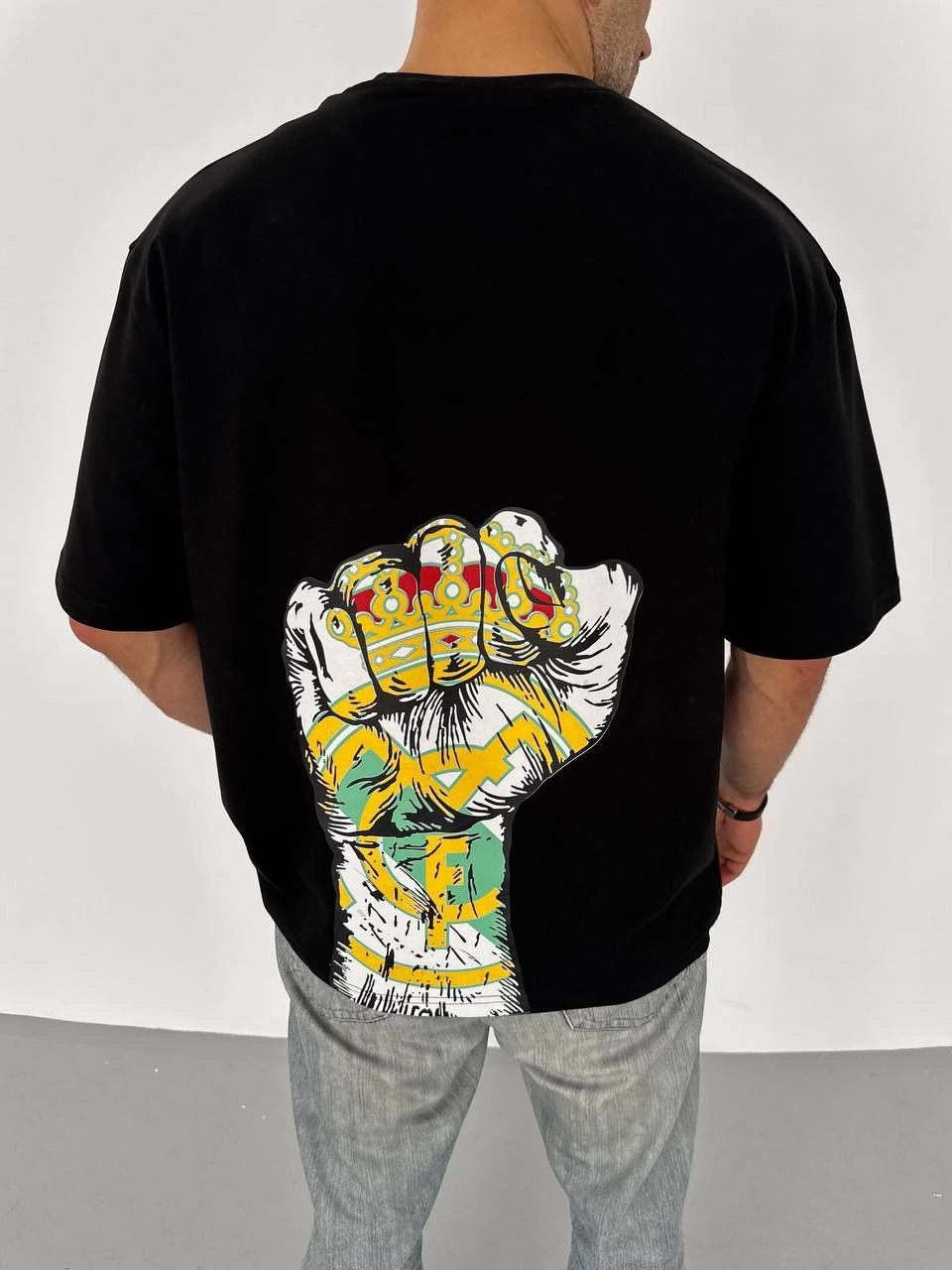 ASSEMA ERKEK Bisiklet Yaka Baskılı Oversize T-Shirt - Siyah