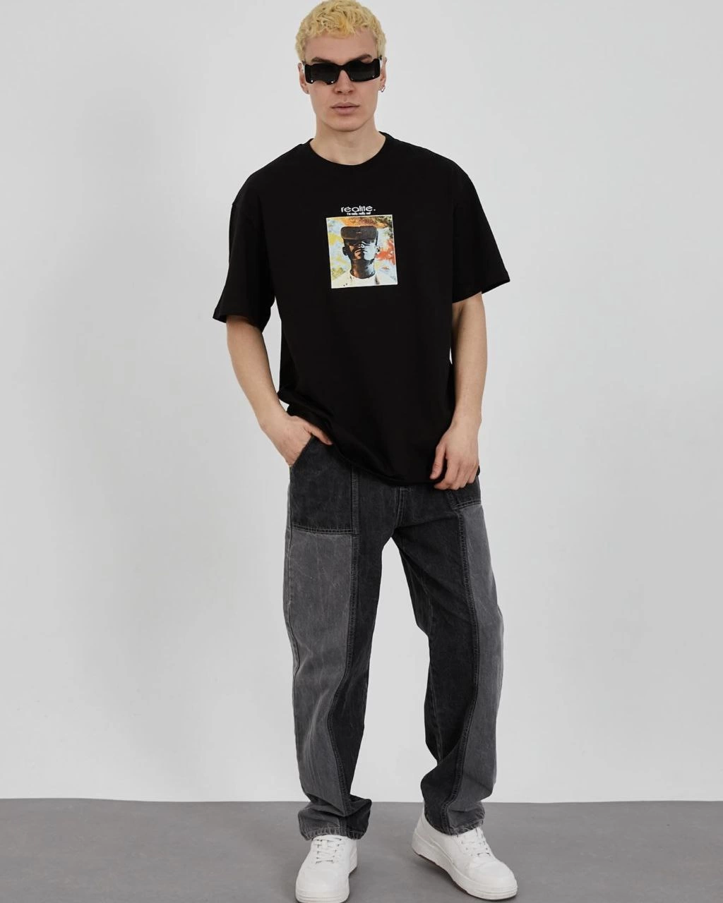 ASSEMA ERKEK Bisiklet Yaka Baskılı Oversize Kısa kol T-Shirt - Siyah