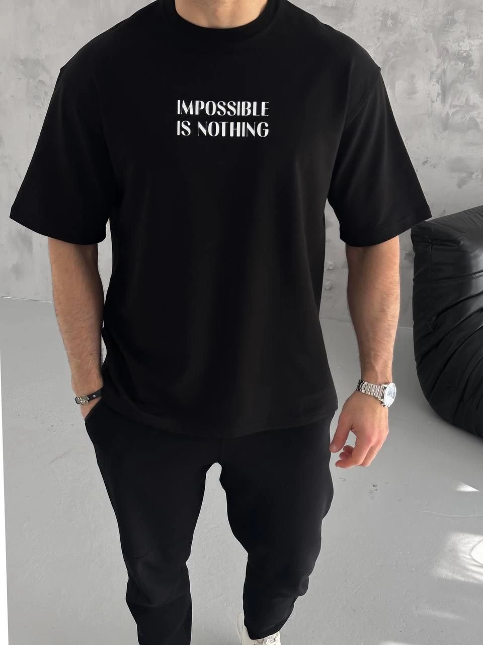 ASSEMA ERKEK Bisiklet Yaka Baskılı Oversize Kısa kol T-Shirt - Siyah