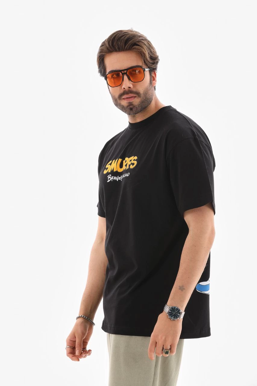 ASSEMA Erkek Bisiklet Yaka Baskılı Oversize T-Shirt - Siyah