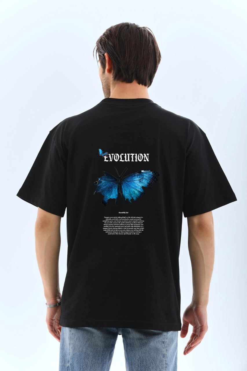 ASSEMA Erkek Bisiklet Yaka kelebek Baskılı Oversize T-Shirt - Siyah