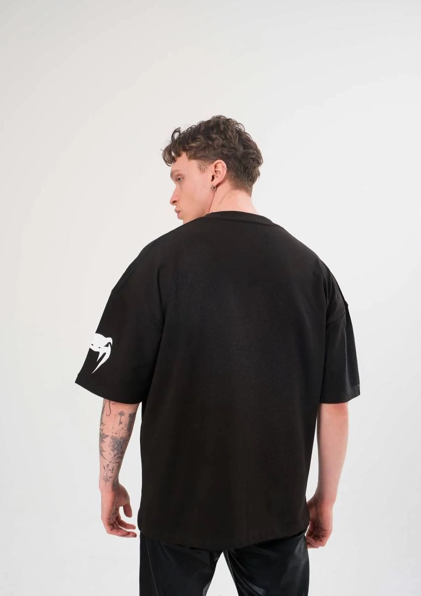 ASSEMA Erkek Bisiklet Yaka Baskılı Kısa kol Oversize T-Shirt - Siyah