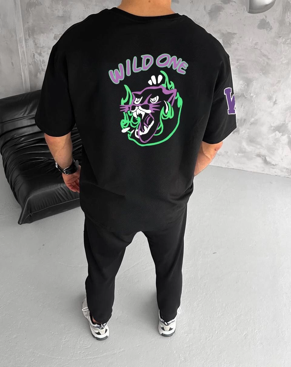 ASSEMA Erkek Bisiklet Yaka Baskılı Oversize T-Shirt - Siyah