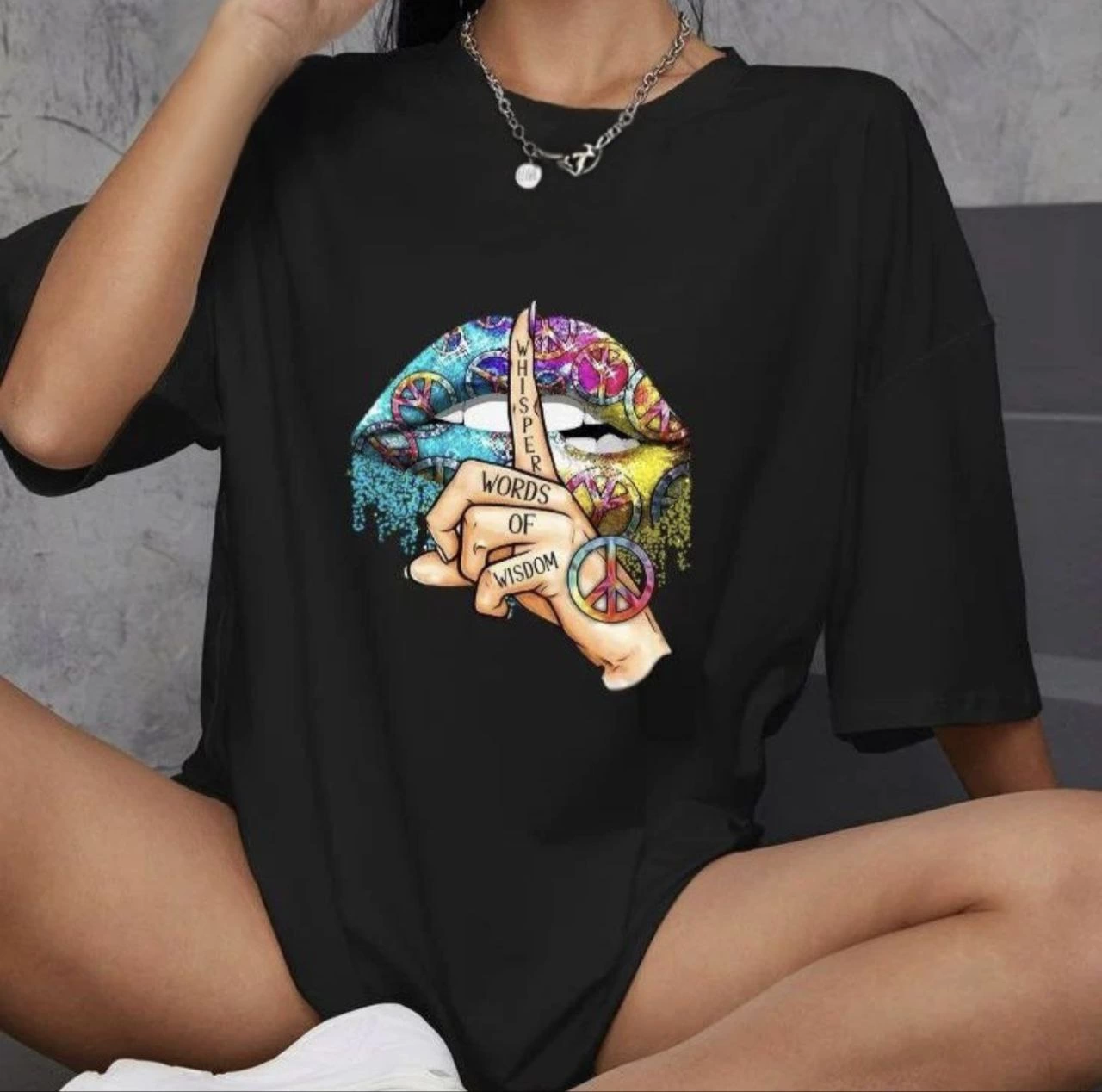 ASSEMA Kadın Baskılı T-Shirt Kısa Kol Bisiklet Yaka Oversize Rahat Kalıp Günlük Tişört - Siyah