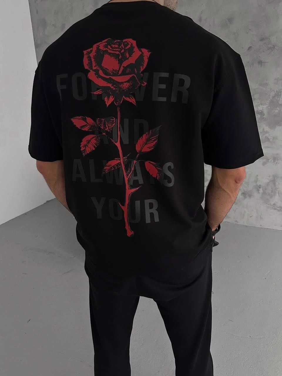 ASSEMA Erkek Bisiklet Yaka Baskılı Oversize Kısa kol T-Shirt - Siyah