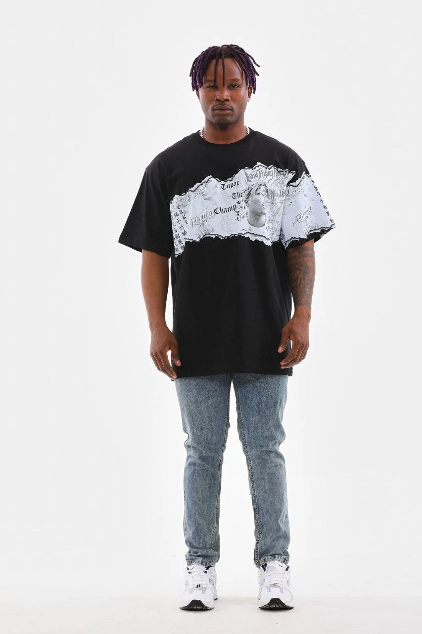 ASSEMA Erkek Bisiklet Yaka Baskılı Oversize T-Shirt - Siyah