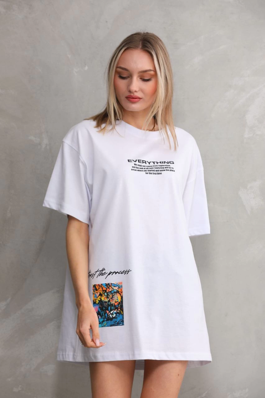 ASSEMA kadın Bisiklet Yaka Baskılı Oversize T-Shirt - Beyaz