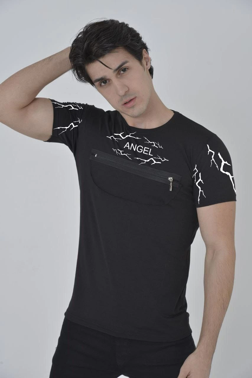 ASSEMA Erkek Baskılı T-Shirt Kısa Kol Bisiklet Yaka Göğüs Fermuarlı Slimfit Tişört - Siyah