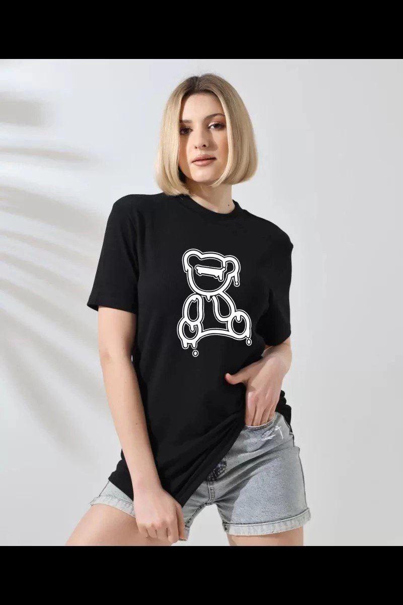 ASSEMA Kadın Bisiklet Yaka Baskılı Kısa kol T-Shirt - Siyah