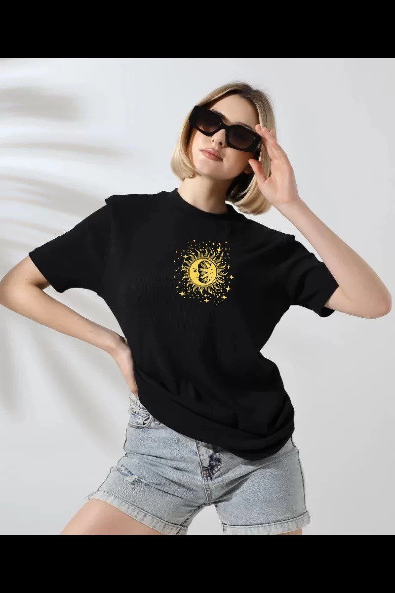 ASSEMA Kadın Bisiklet Yaka Baskılı Kısa kol T-Shirt - Siyah
