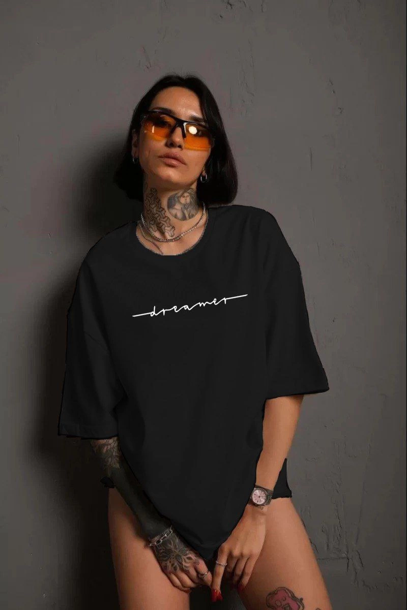 ASSEMA Kadın Bisiklet Yaka Baskılı kısa kol T-Shirt - Siyah