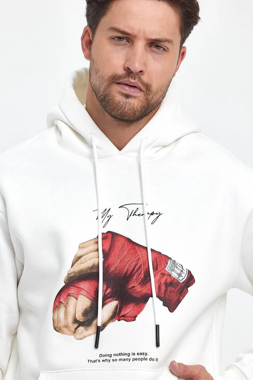 ASSEMA ERKEK Kapüşonlu Üç İplik Oversize Baskılı Sweatshirt - Beyaz