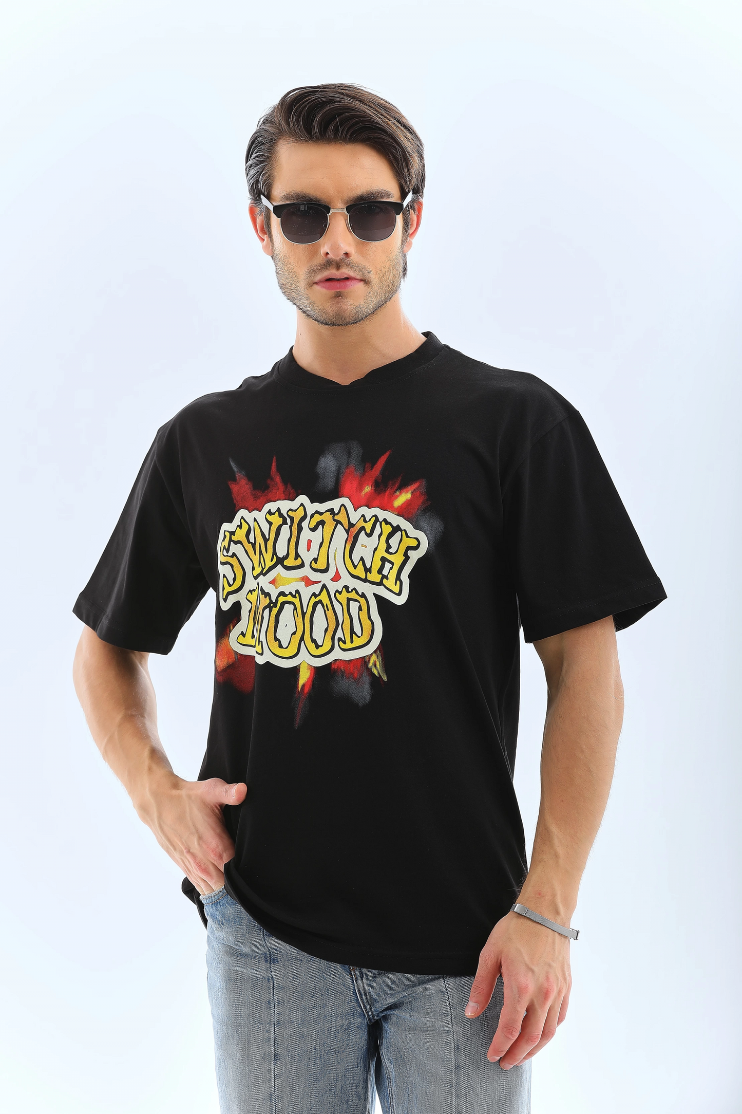 ASSEMA ERKEK Oversize ön ve Arka Baskılı Bisiklet Yaka Kısa kol T-Shirt - Siyah