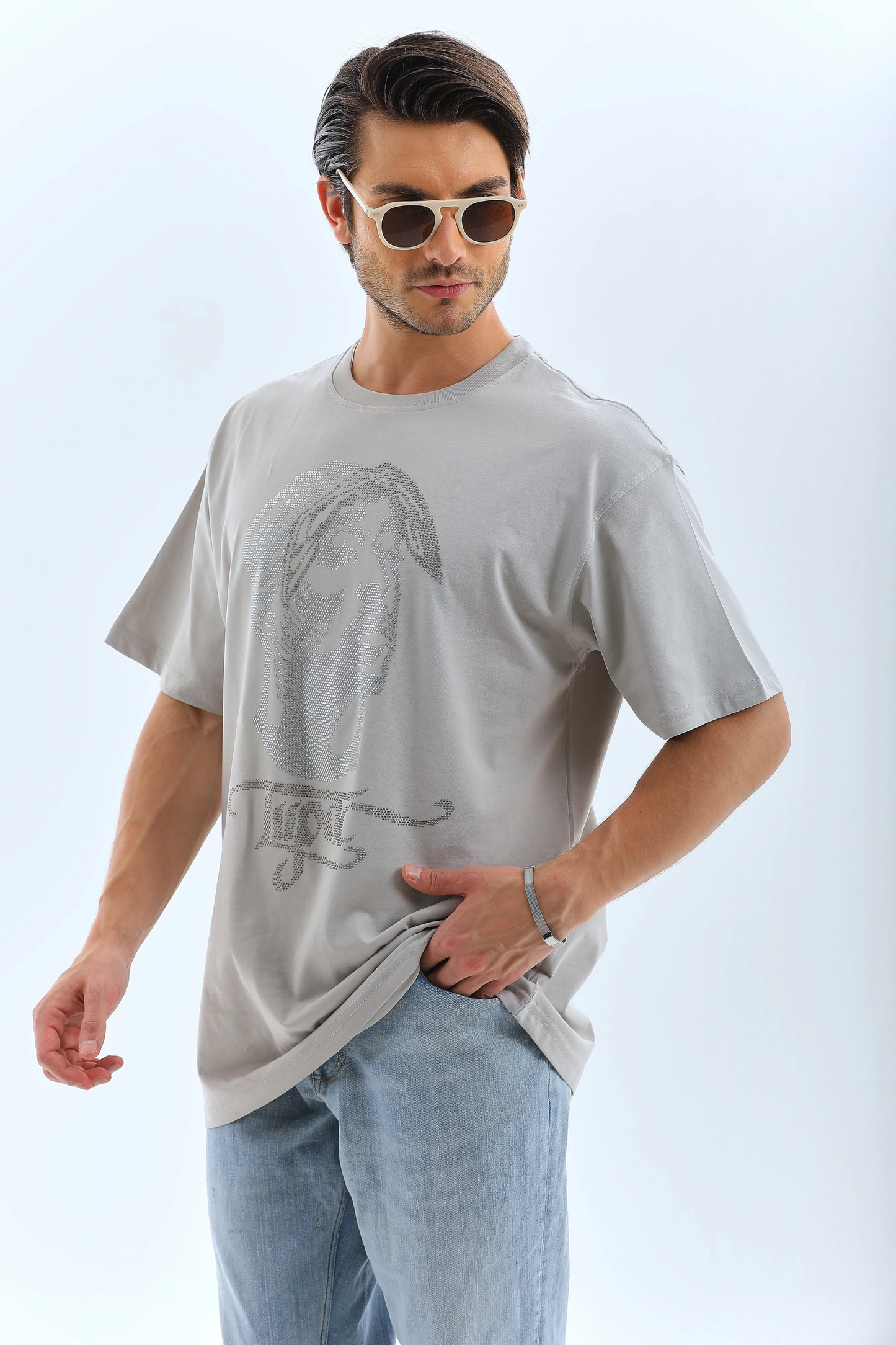 ASSEMA ERKEK Oversize Taşlı Bisiklet Yaka Kısa kol T-Shirt - Gri