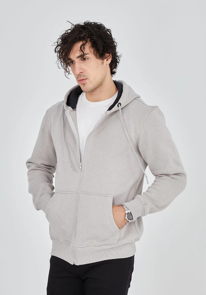 ASSEMA ERKEK Tam Fermuarlı Kapşonlu SweatShirt - Boyalı Gri