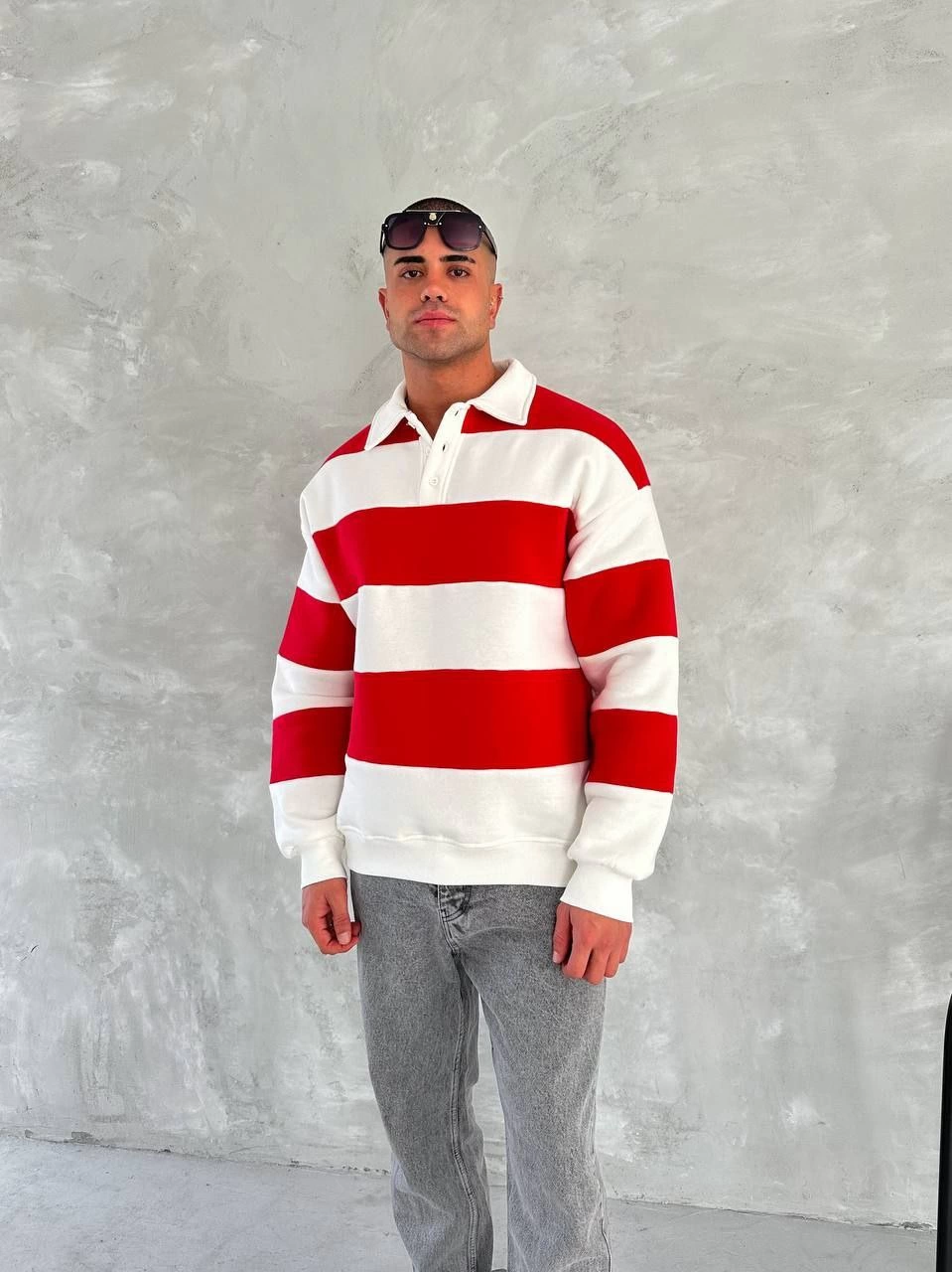 ASSEMA Erkek Üç İplik Parçalı Yakalı SweatShirt - Kırmızı