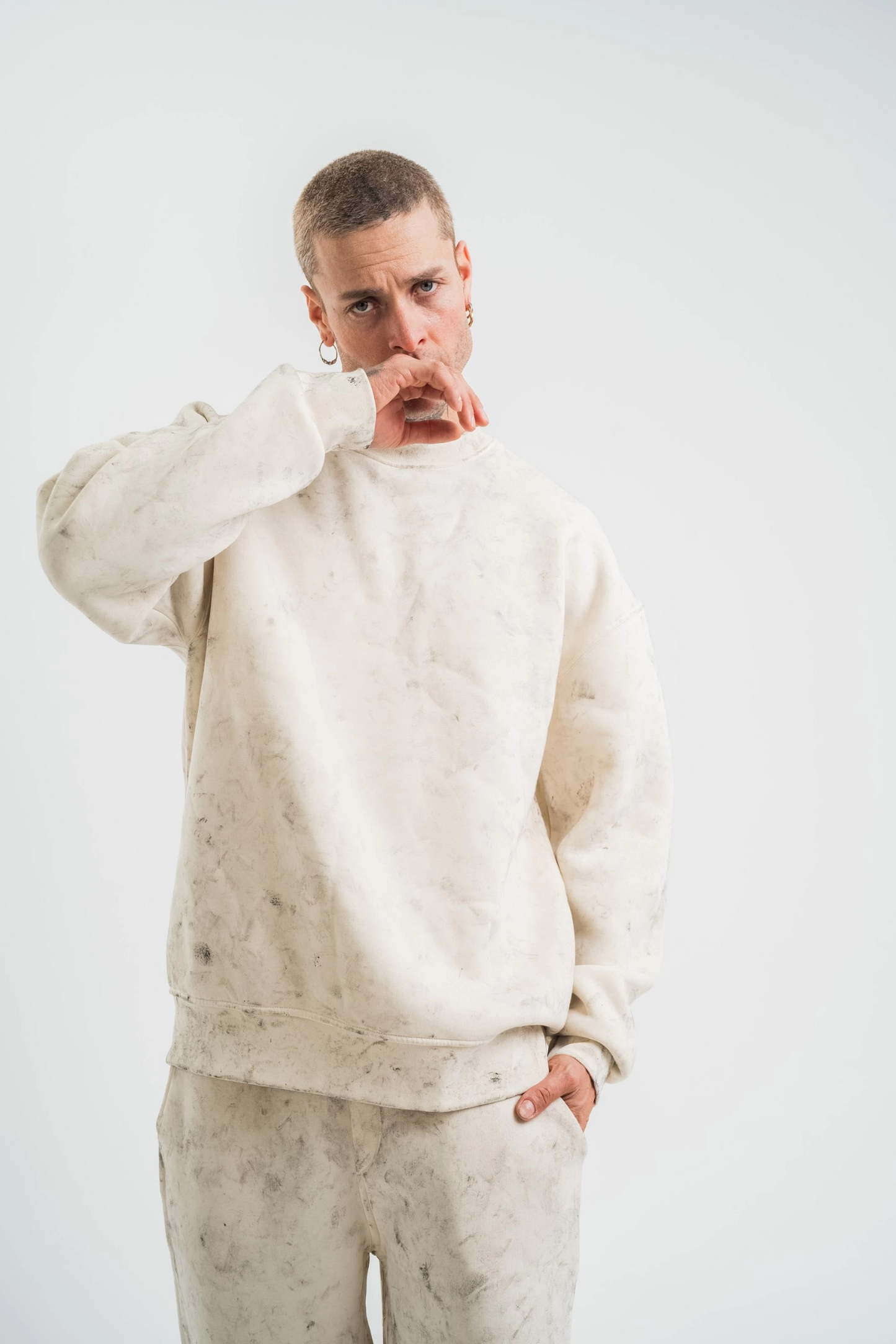 ASSEMA Erkek 3 İplik Pamuklu Yağ Yıkamalı Sweatshirt Double Oversize Bisiklet Yaka Uzun Kol - Krem