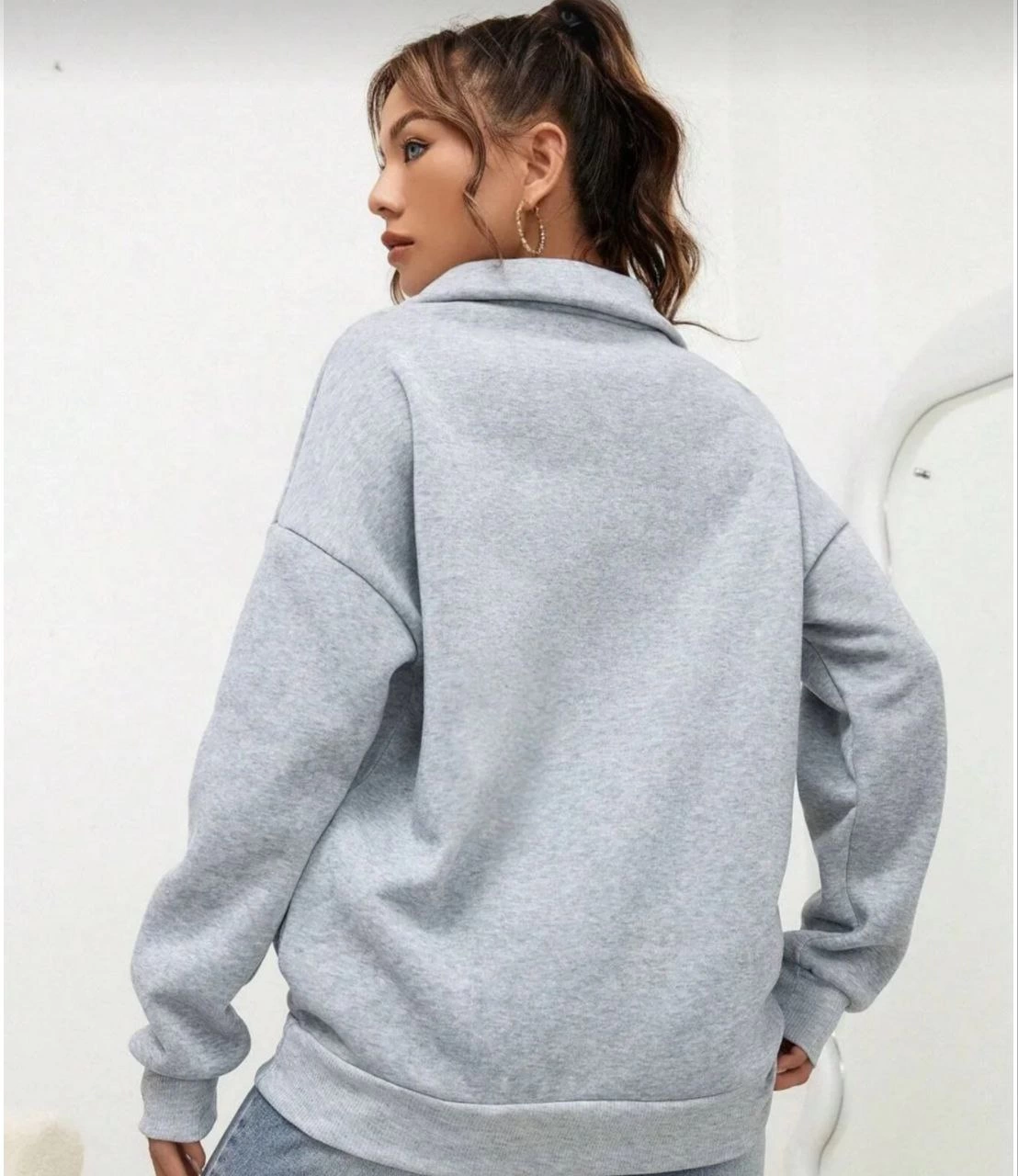 ASSEMA Kadın 3 iplik Pamuklu Uzun Kol Yarım Farmuarlı Yakalı SweatShirt - Gri