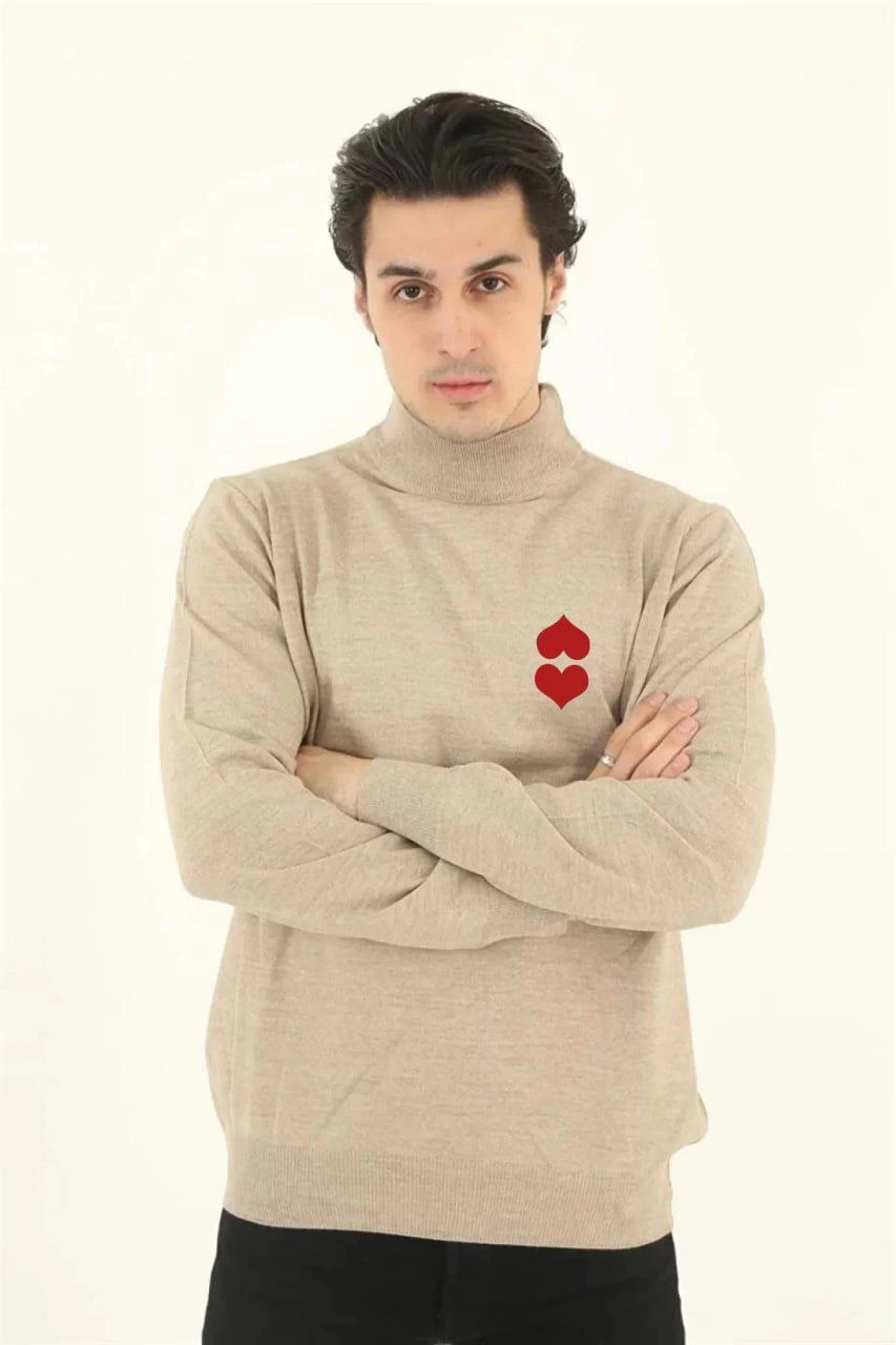 ASSEMA Unisex Yarım Boğazlı Baskılı Dokuma Triko - Bej