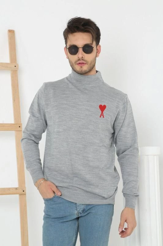 ASSEMA Unisex Yarım Boğazlı Baskılı Dokuma Triko - Gri