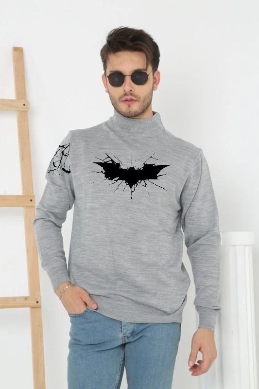 ASSEMA Unisex Yarım Boğazlı Baskılı Dokuma Triko -Gri