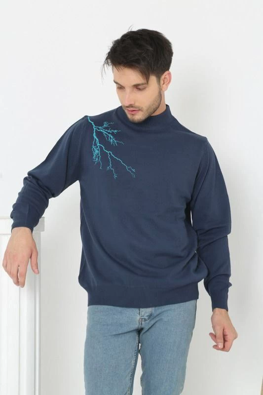 ASSEMA Unisex Yarım Boğazlı Baskılı Dokuma Triko - Indigo