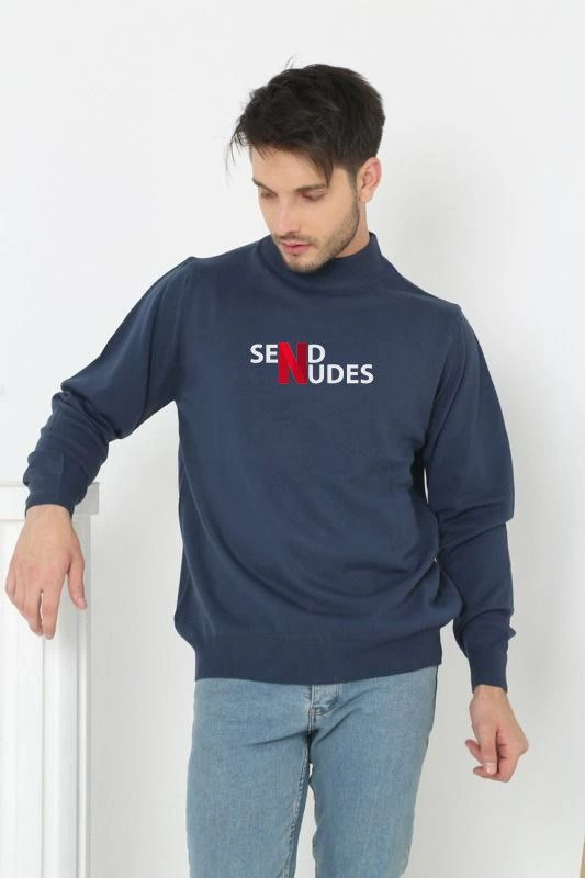 ASSEMA Unisex Yarım Boğazlı Baskılı Dokuma Triko - Indigo
