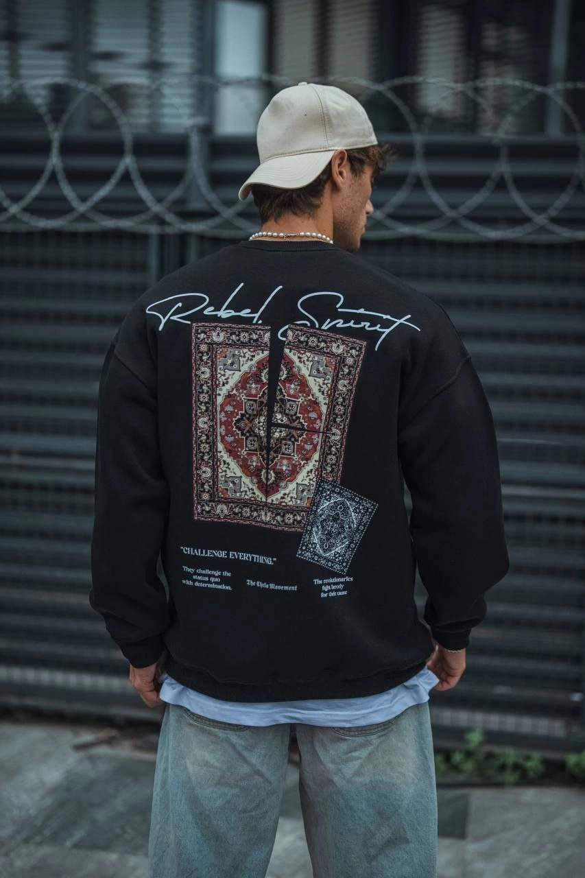 ASSEMA Erkek Üç iplik Pamuklu Bisiklet Yaka Baskılı SweatShirt - Siyah