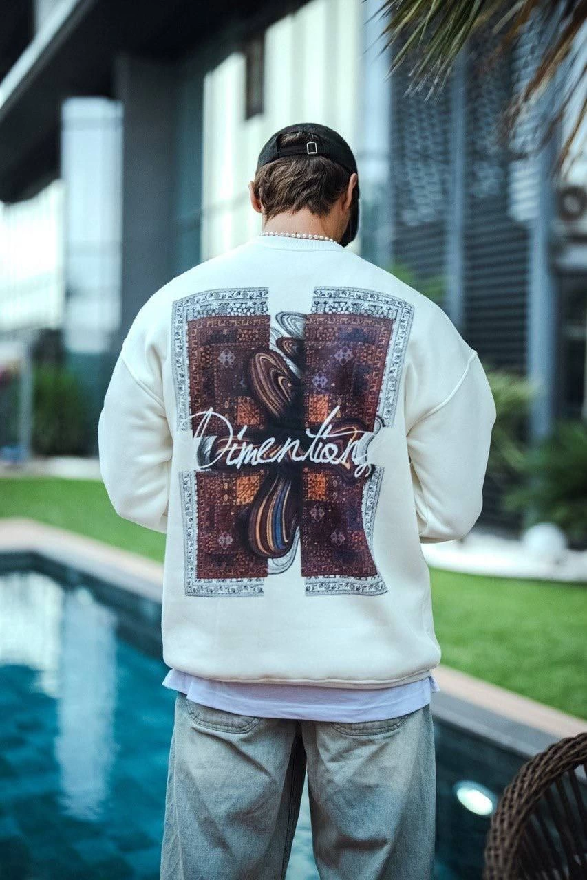 ASSEMA Erkek üç iplik pamuklu Bisiklet Yaka Ön ve Arka Baskılı SweatShirt - Beyaz